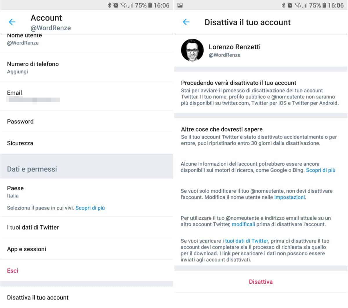 come cancellarsi da Twitter disattivazione account app iOS o Android