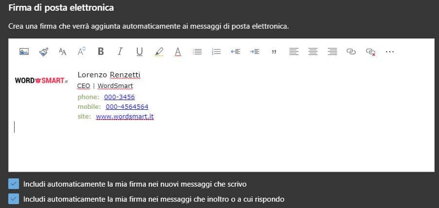 come inserire firma email Webmail Outlook firma personalizzata