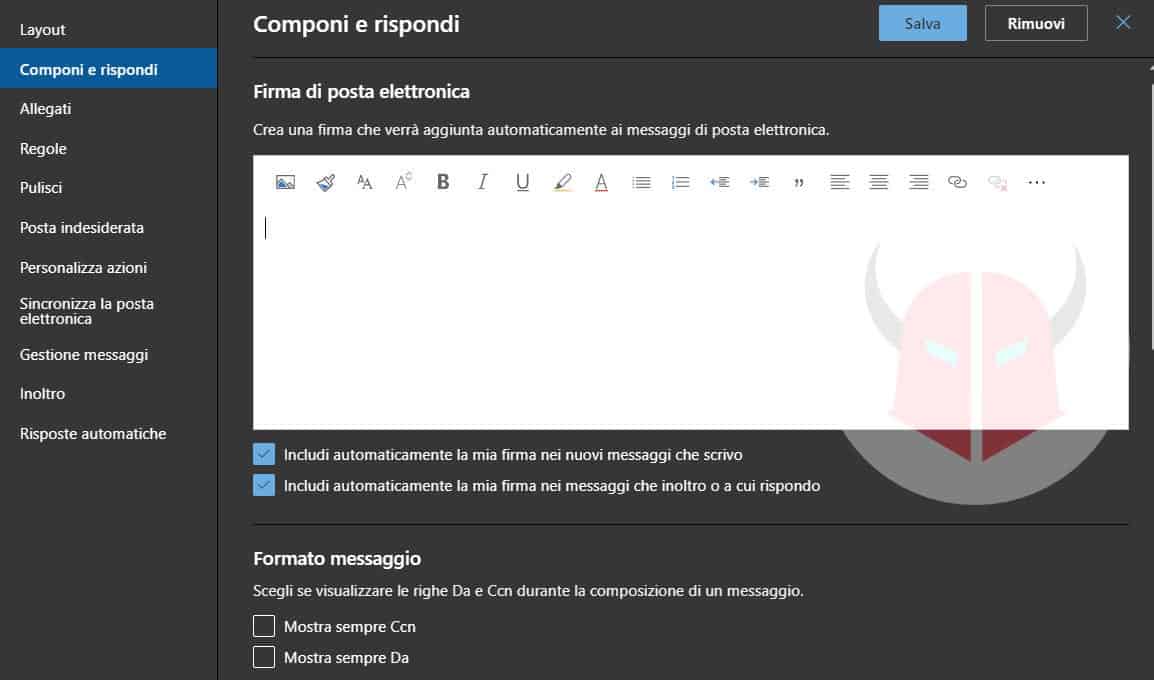 come inserire firma email Webmail Outlook