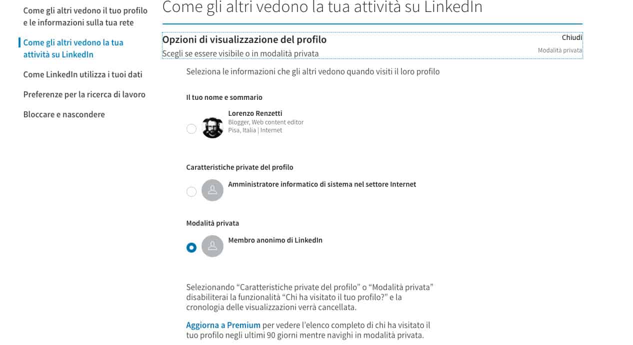 come usare LinkedIn modalità in incognito