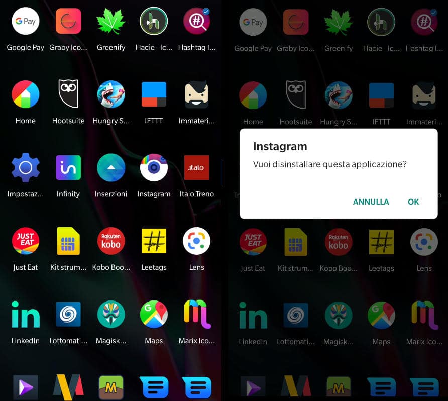 come disinstallare Instagram Android