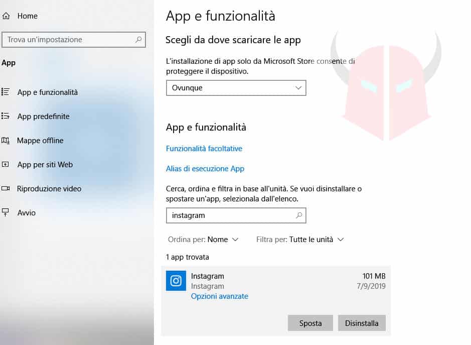 come disinstallare Instagram Windows 10