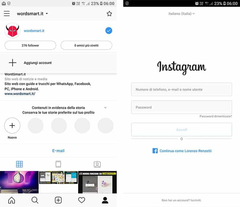 come disinstallare Instagram cambio account