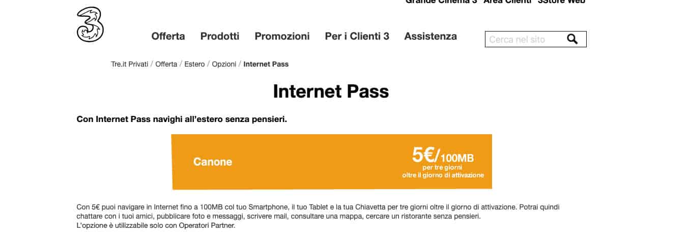 come navigare all'estero Tre Internet Pass