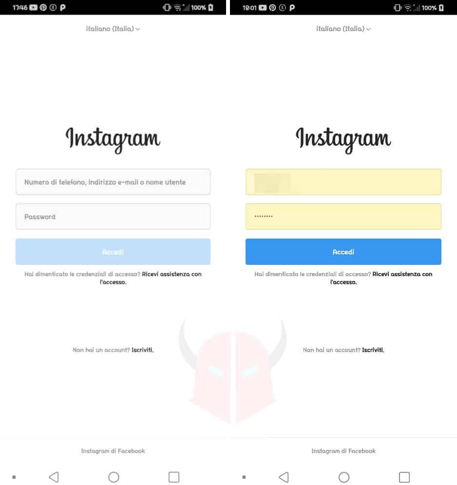 come riattivare Instagram schermata di login