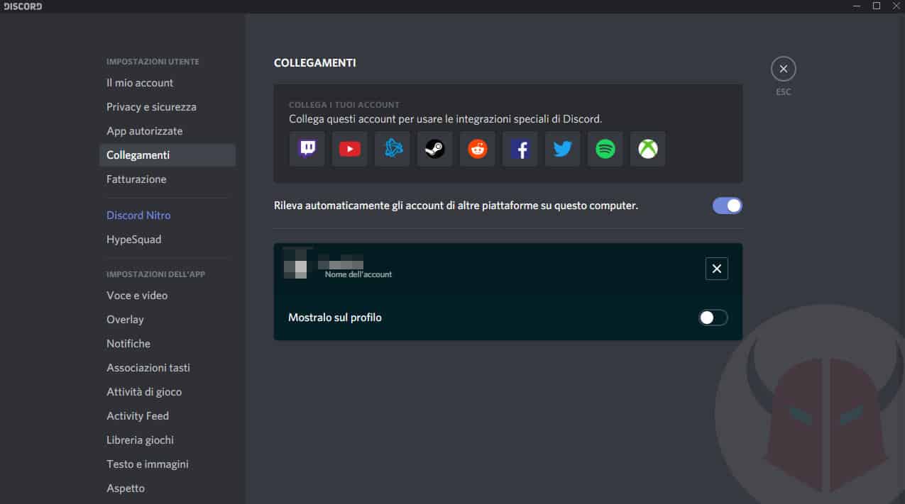 schermata di collegamento account Xbox su Discord