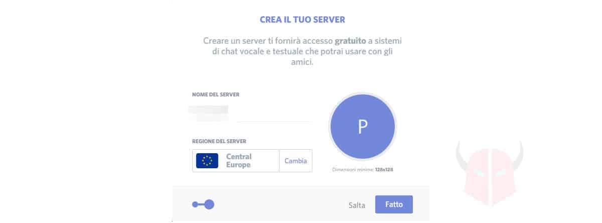 schermata di creazione guidata server Discord