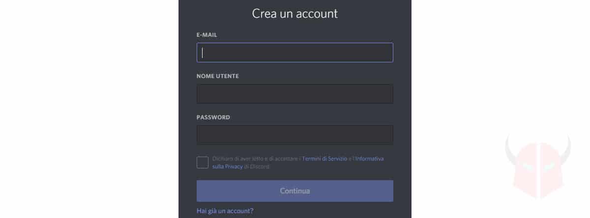 schermata di registrazione account Discord