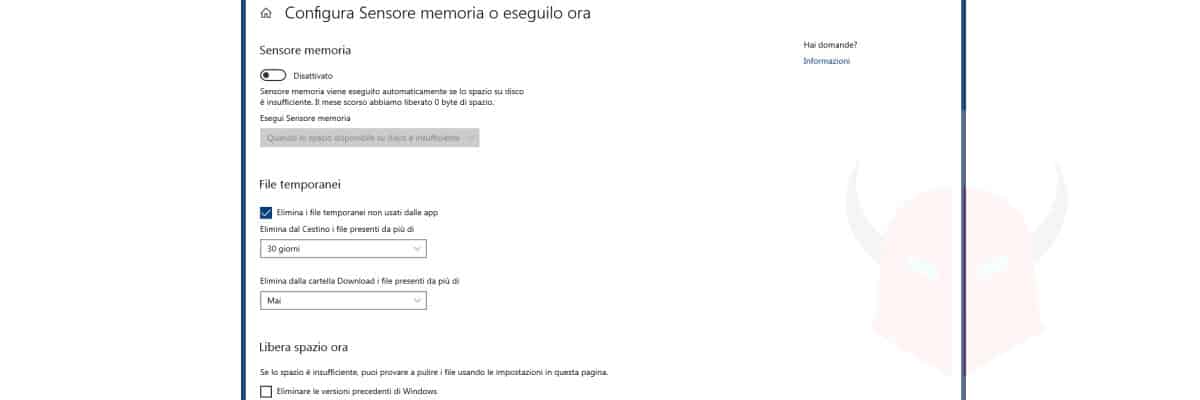 come liberare spazio su Windows 10 Sensore Memoria