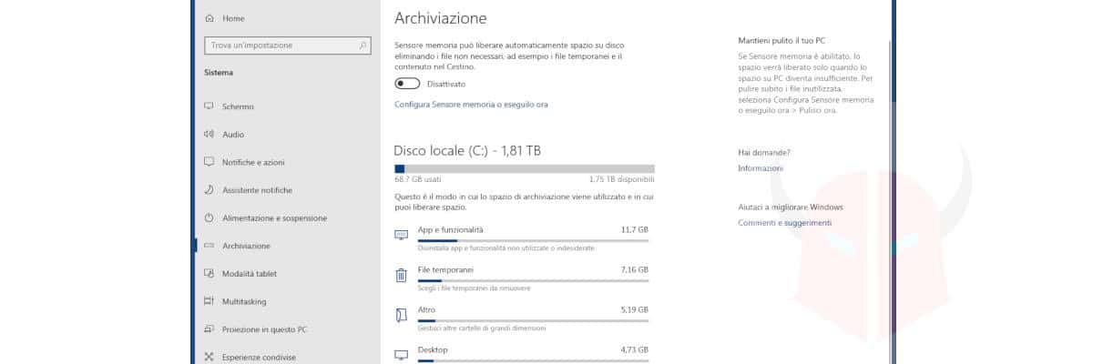 come liberare spazio su Windows 10 archiviazione