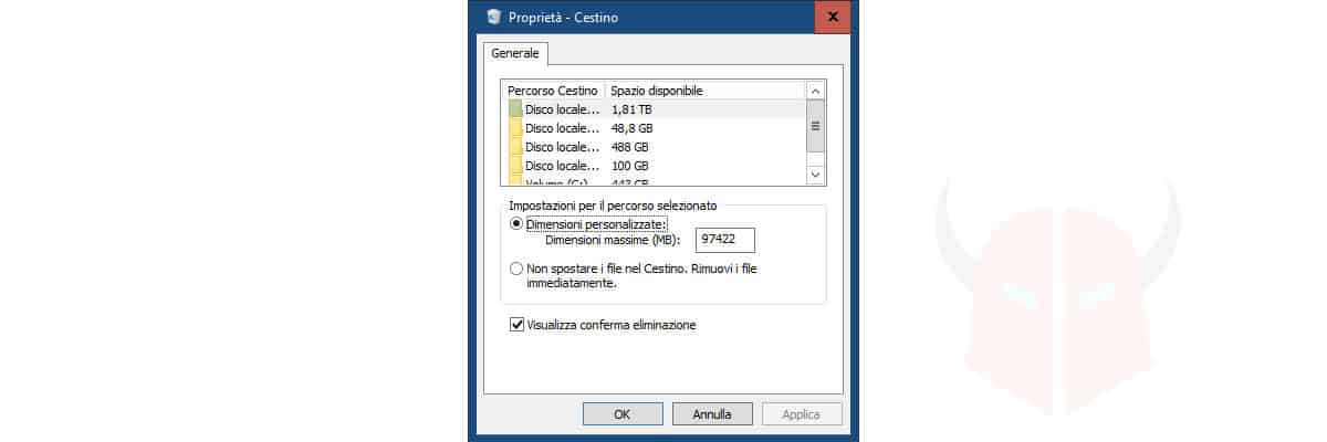 come liberare spazio su Windows 10 proprietà Cestino