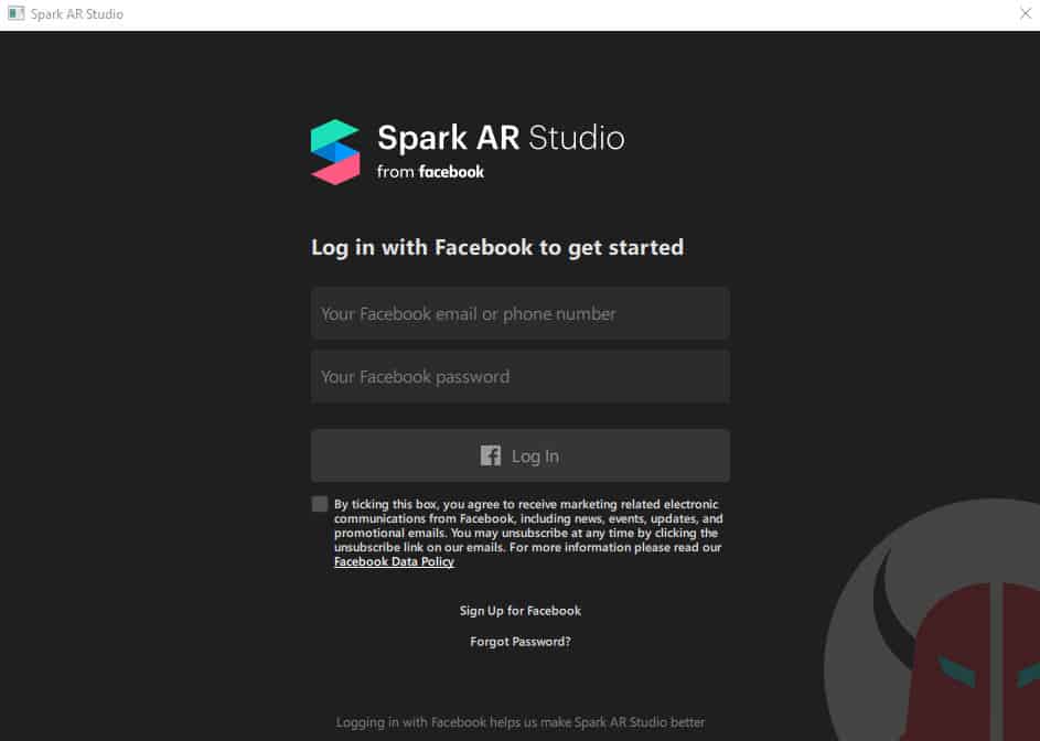 creazione filtri facciali con Spark AR Studio schermata di accesso con account Facebook