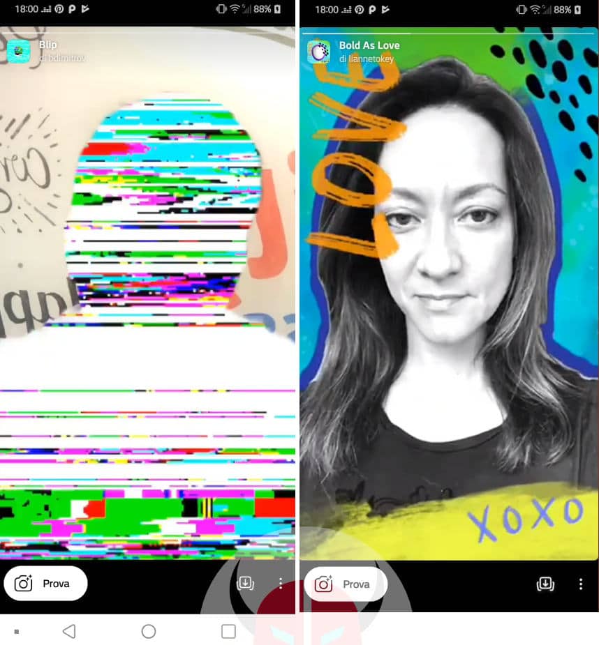 filtri facciali Instagram esempio effetto personalizzato