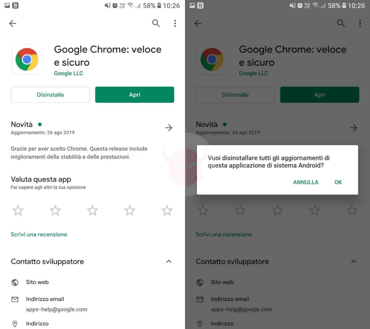 reinstallazione Chrome per siti che si aprono da soli su Android