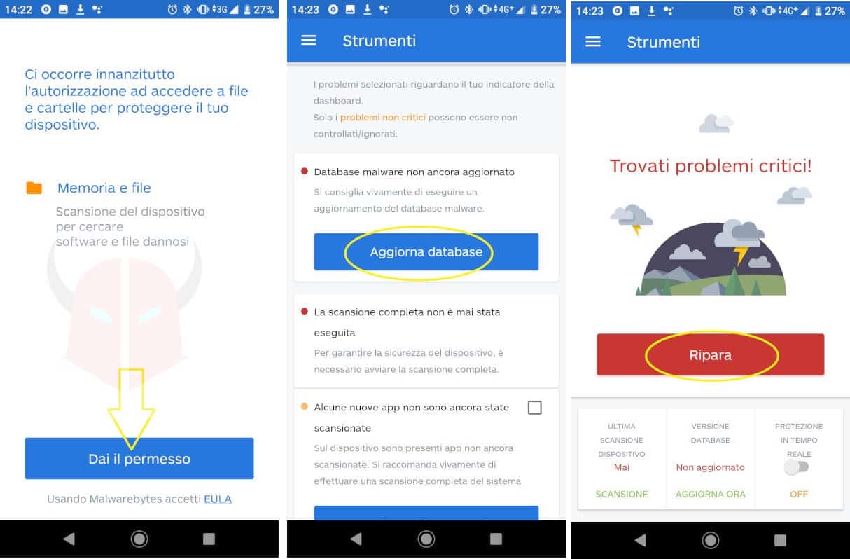 scansione Malwarebytes per risolvere siti che si aprono da soli su Android