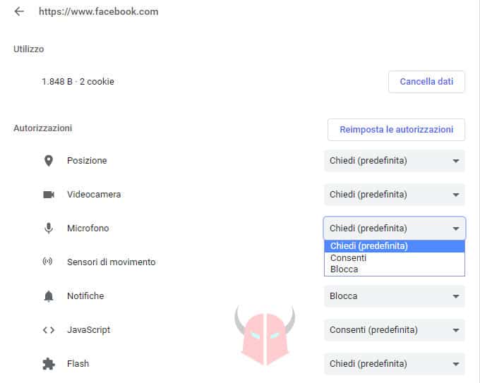 come disattivare microfono Facebook browser desktop