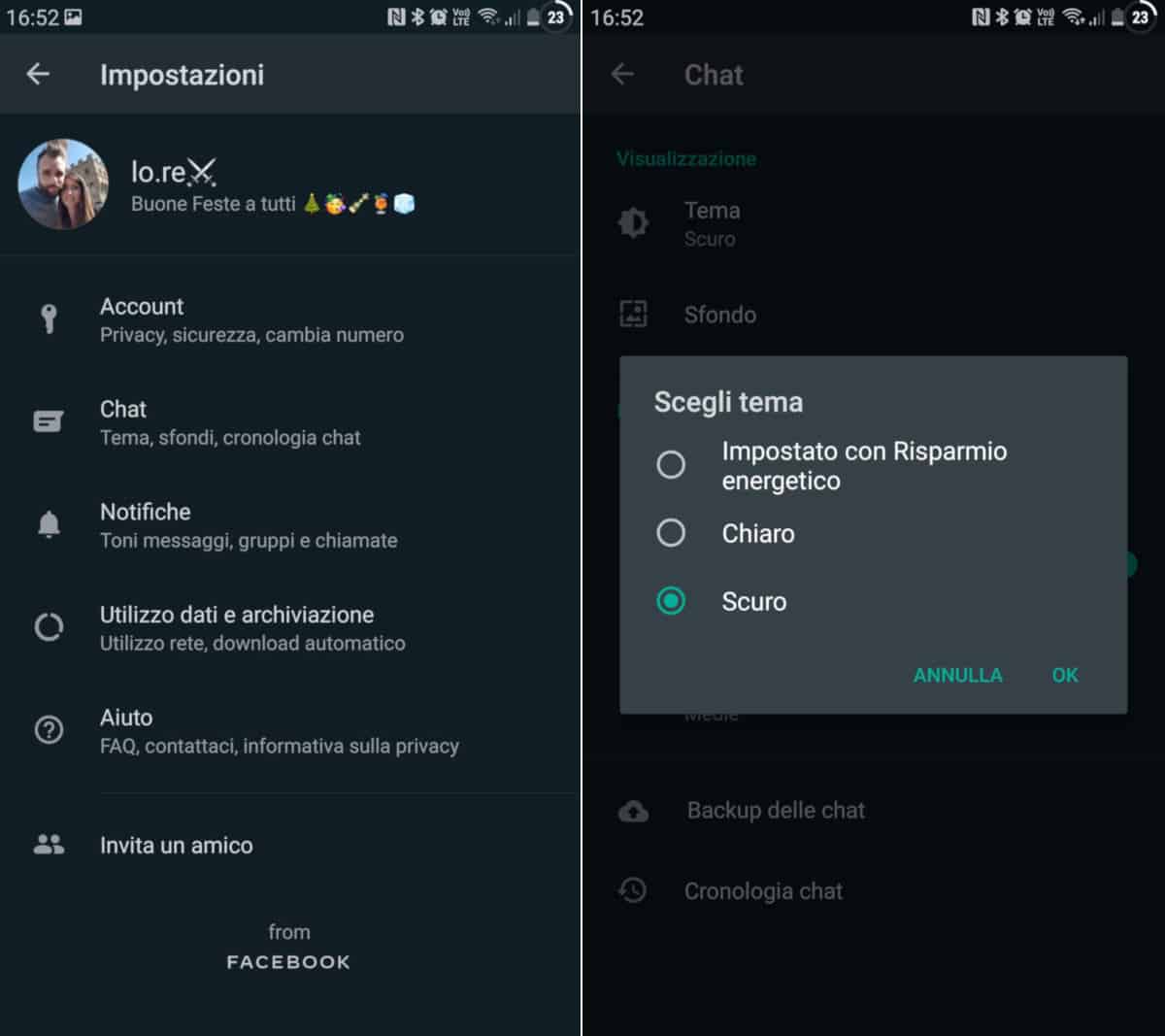 come cambiare tema WhatsApp opzione tema scuro