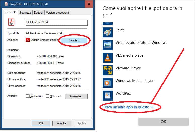 come cambiare l'estensione file su Windows 10 associazione tipo di file proprietà documento