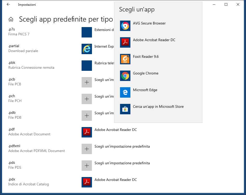 come cambiare l'estensione file su Windows 10 scelta app predefinite per tipo di file