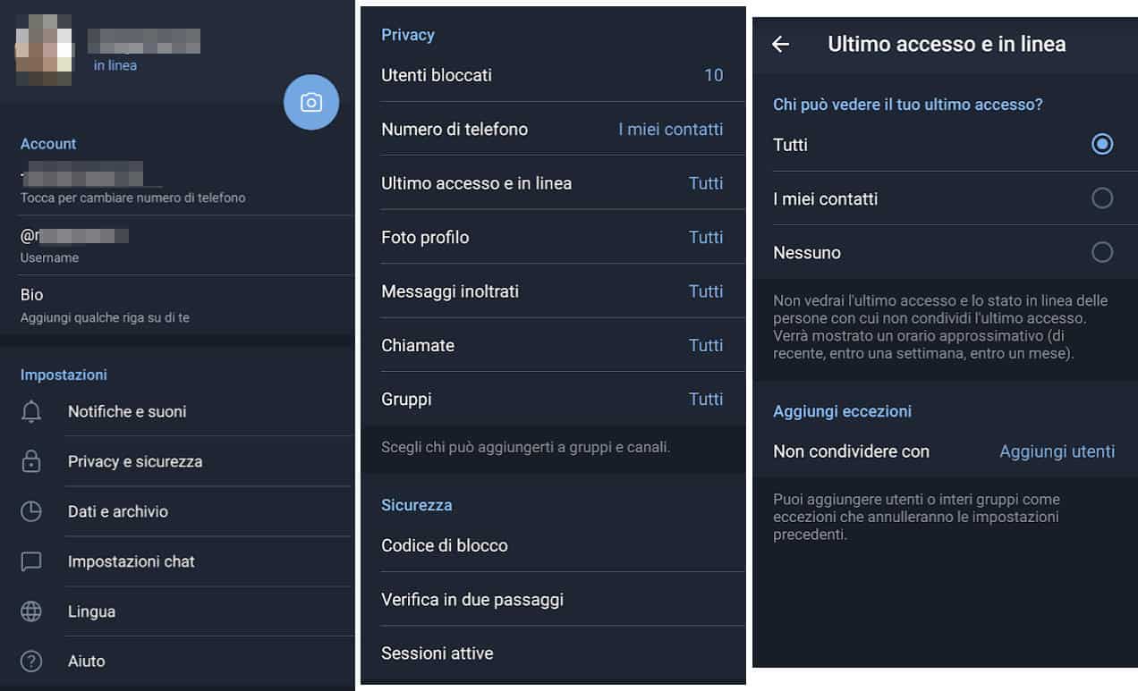 ultimo accesso di recente su Telegram impostazioni di privacy