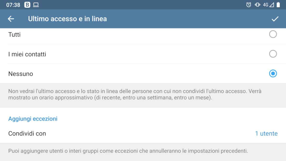 ultimo accesso di recente su Telegram lista eccezioni