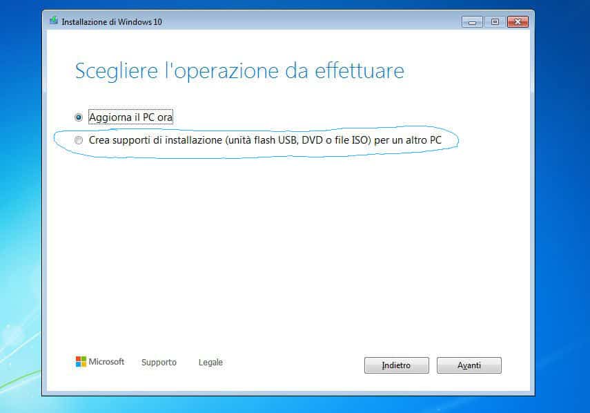 come passare da Windows 7 a WIndows 10 creazione supporto USB avviabile