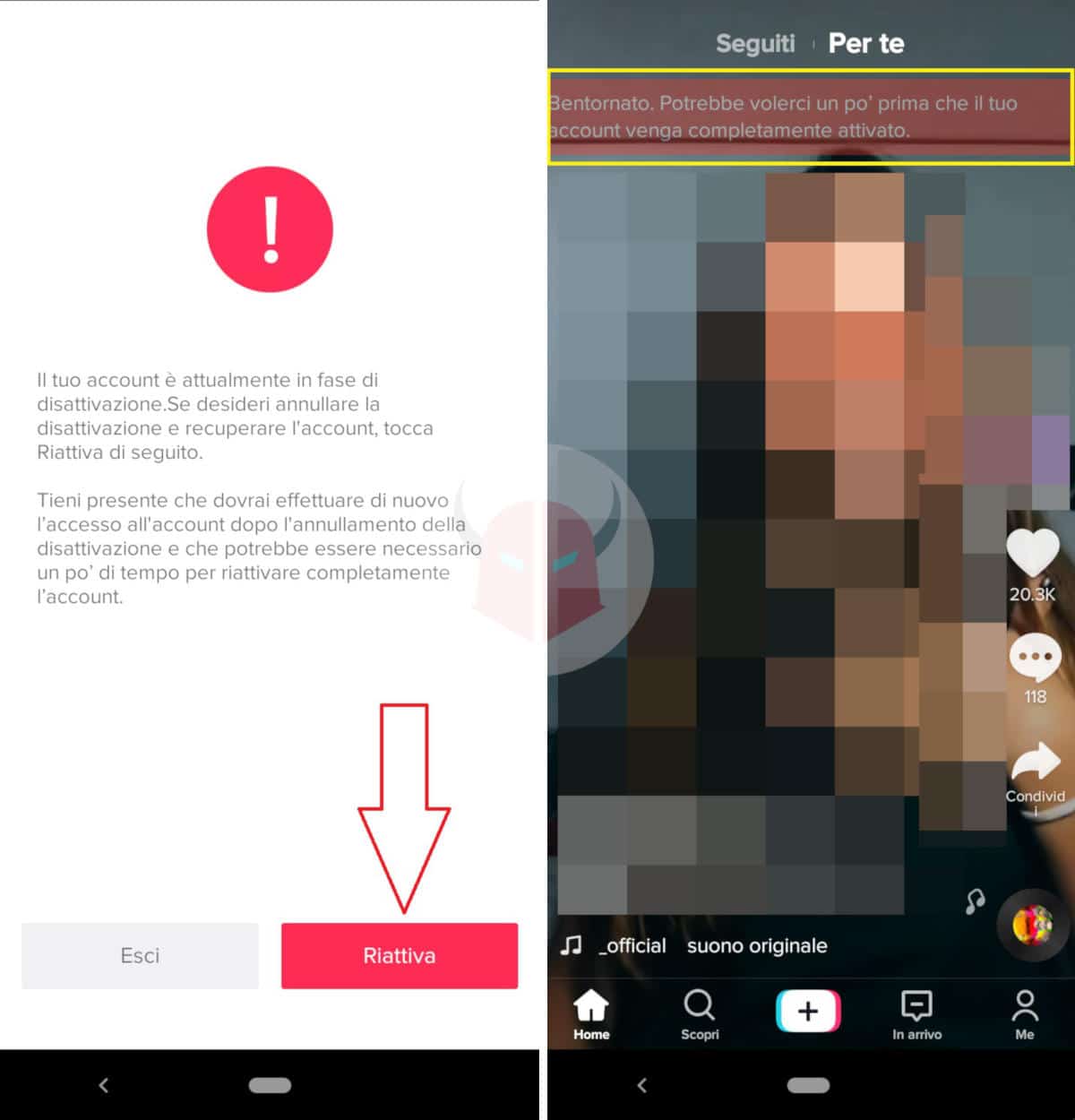 come recuperare account TikTok opzione Riattiva