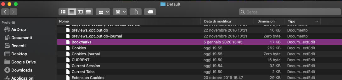 come recuperare la cronologia cancellata da Chrome percorso segnalibri macOS