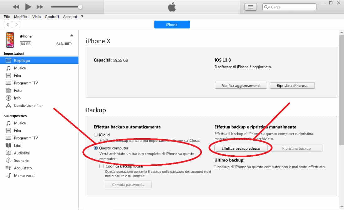 come salvare la rubrica di iPhone PC con iTunes