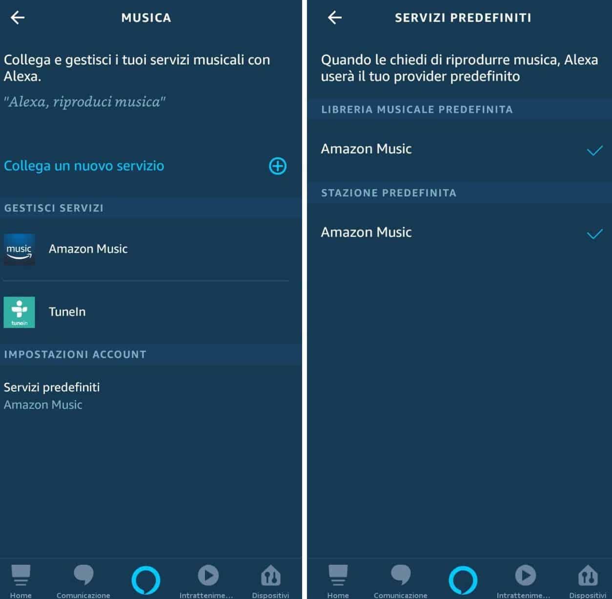 come ascoltare musica con Alexa servizio predefinito