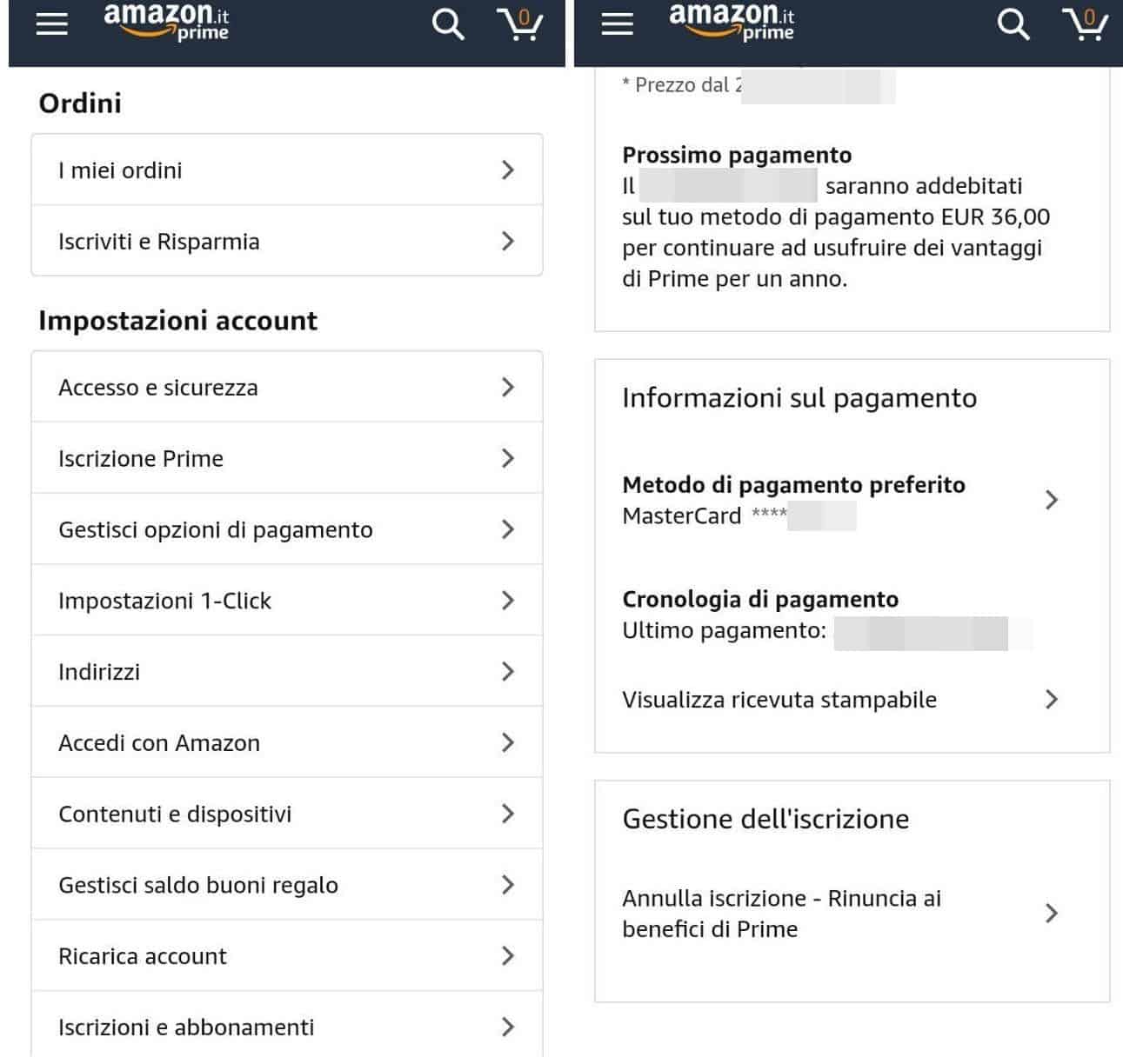 come disattivare Amazon Prime da app