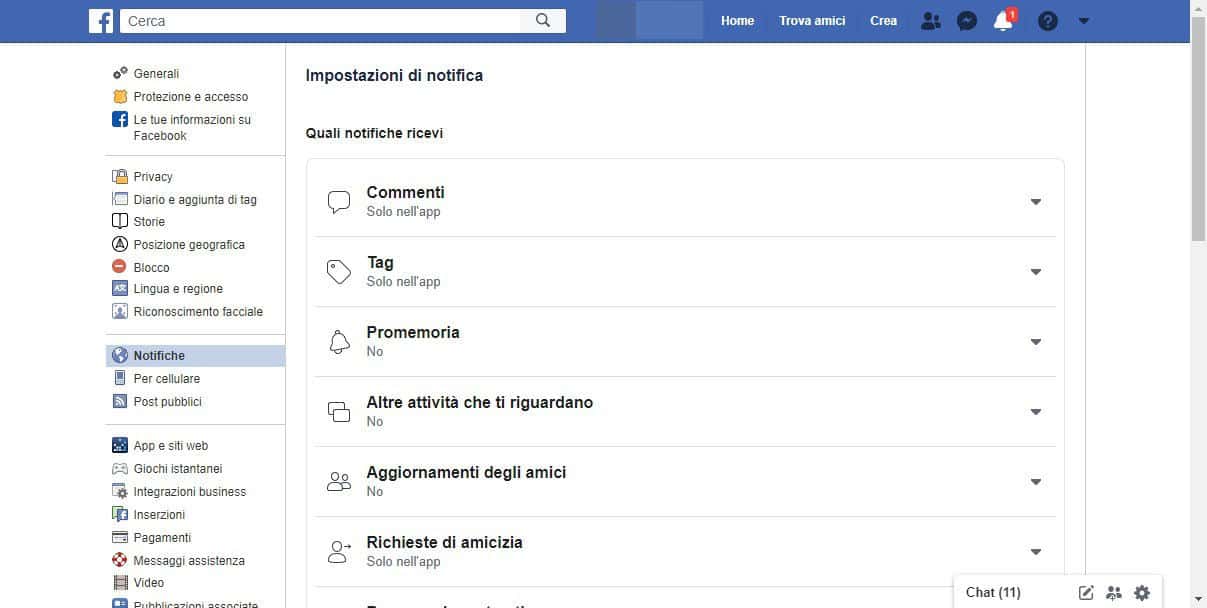 come disattivare le notifiche di Chrome impostazioni Facebook