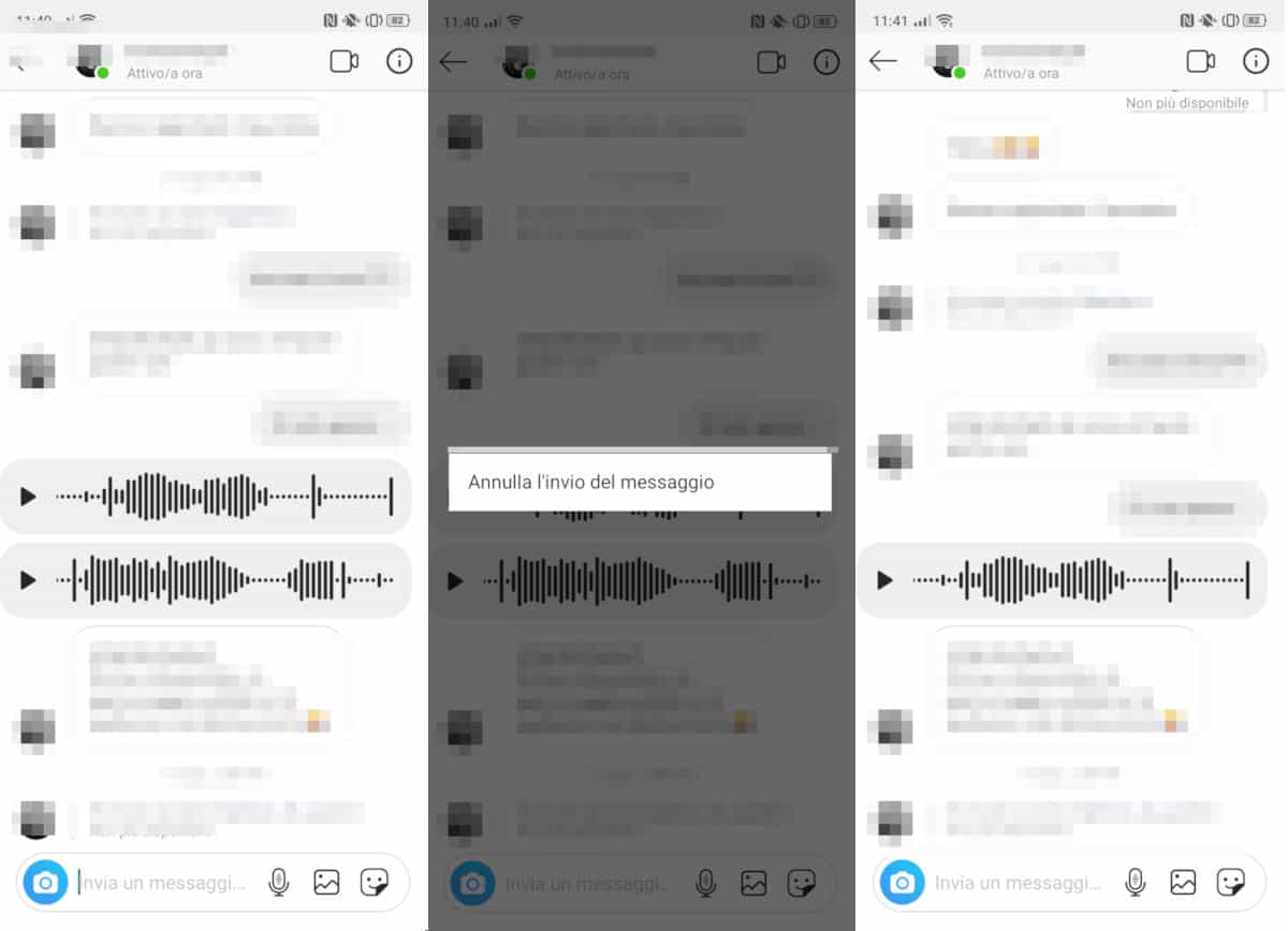 cancellare i messaggi da Instagram note vocali