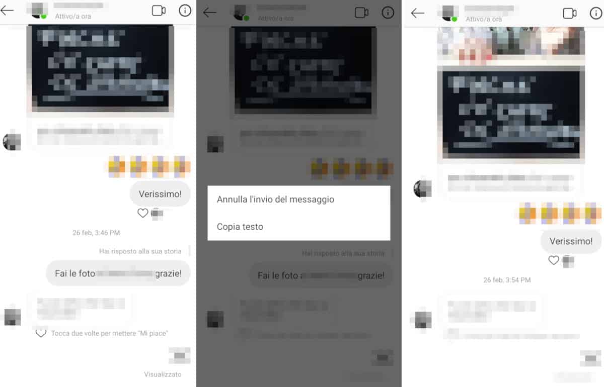 cancellare i messaggi da Instagram singoli