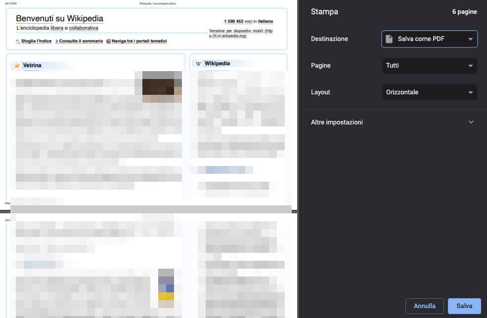 come stampare senza stampante salvataggio PDF Chrome esempio Wikipedia
