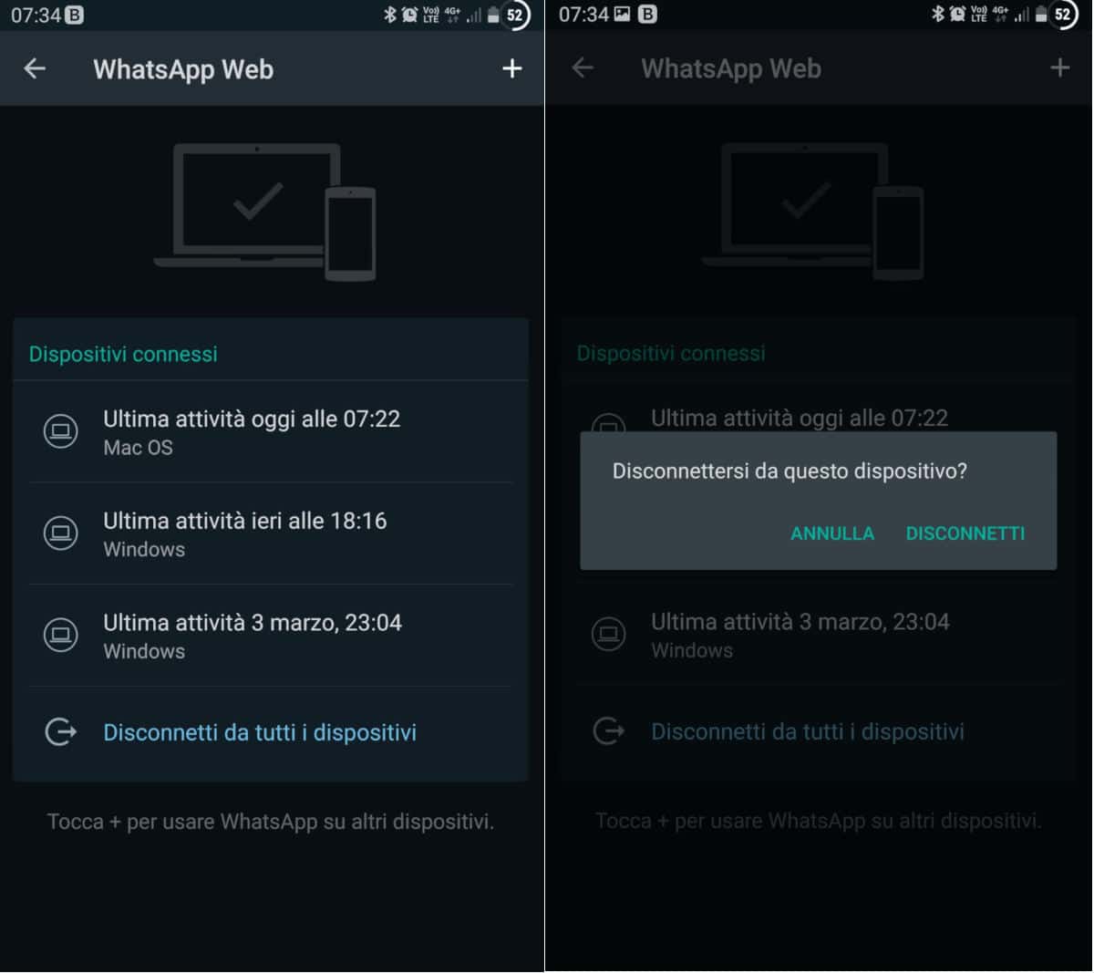 come usare WhatsApp Web e WhatsApp Desktop disconnessione