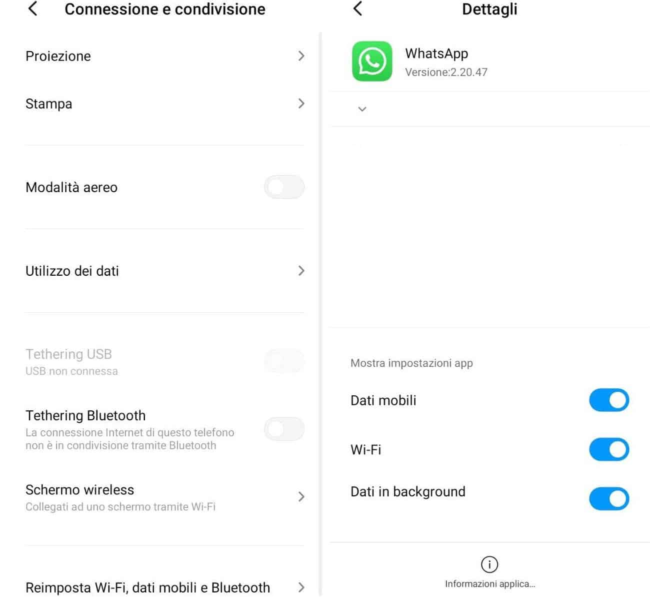 consumo di WhatsApp utilizzo dati Android