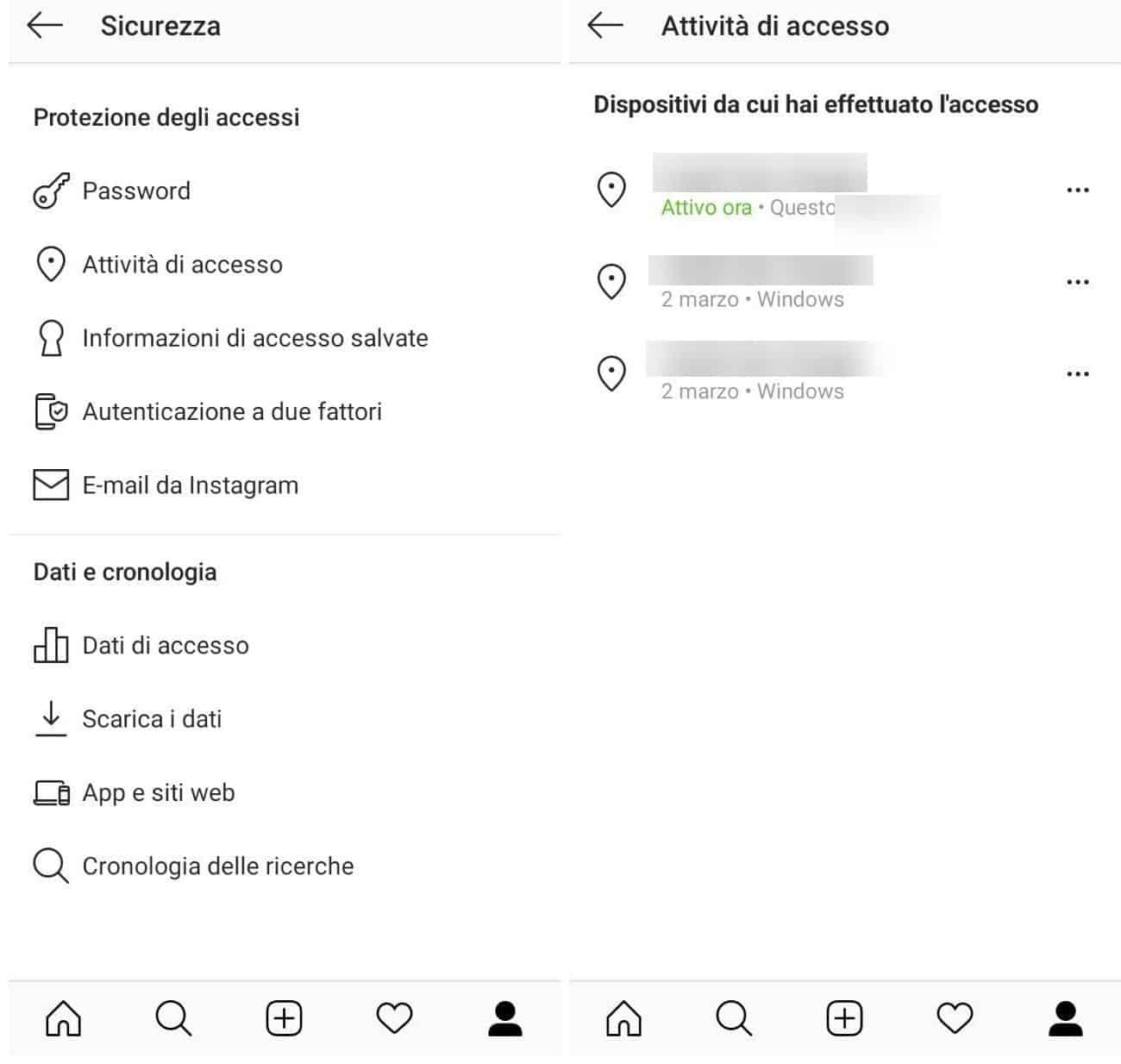 attività di accesso Instagram controllo Android