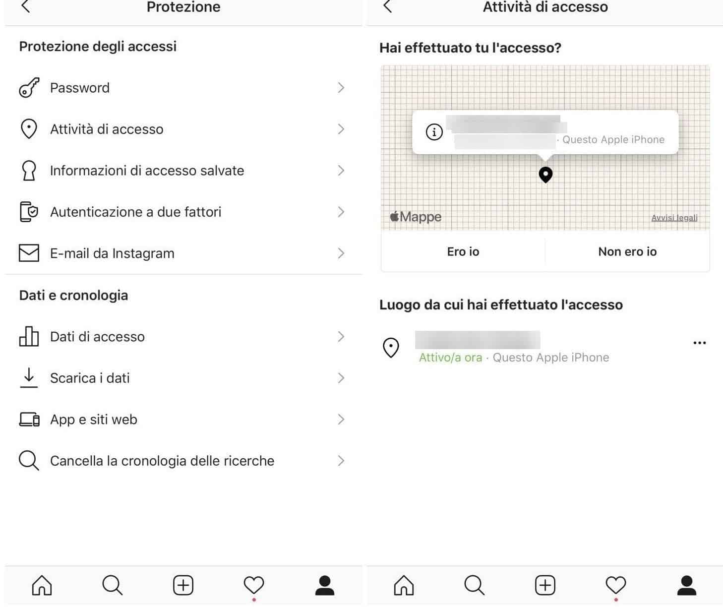 attività di accesso Instagram controllo iOS