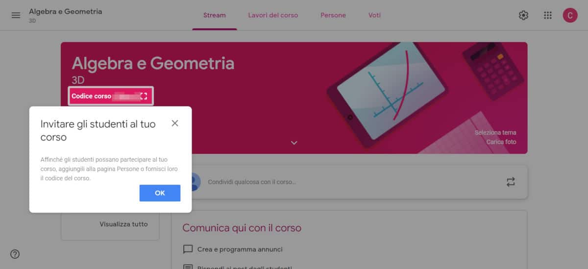 come usare Google Classroom codice del corso