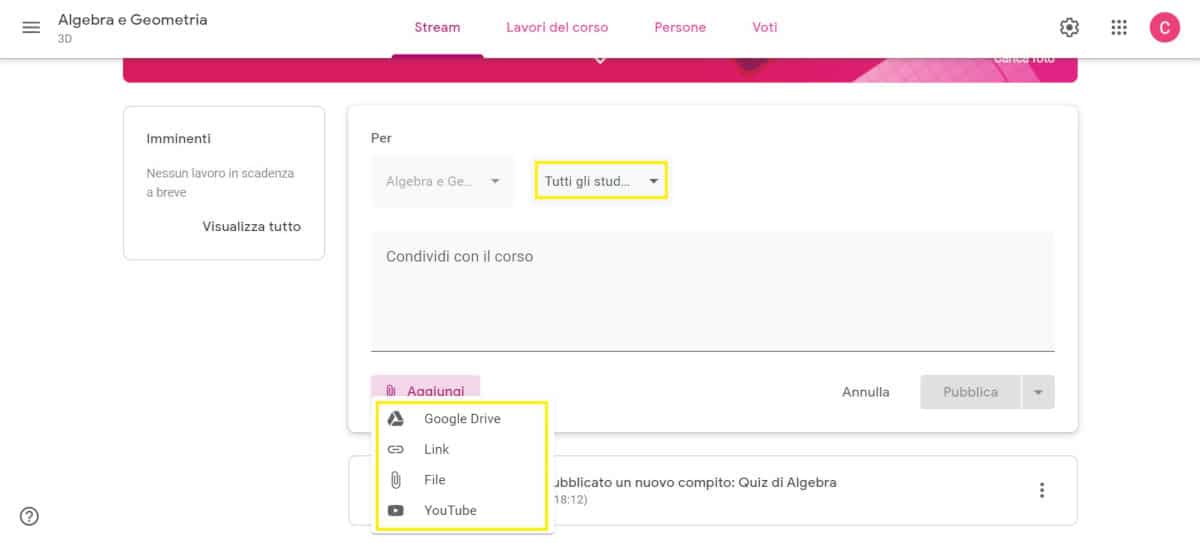 come usare Google Classroom condivisione file con alunni