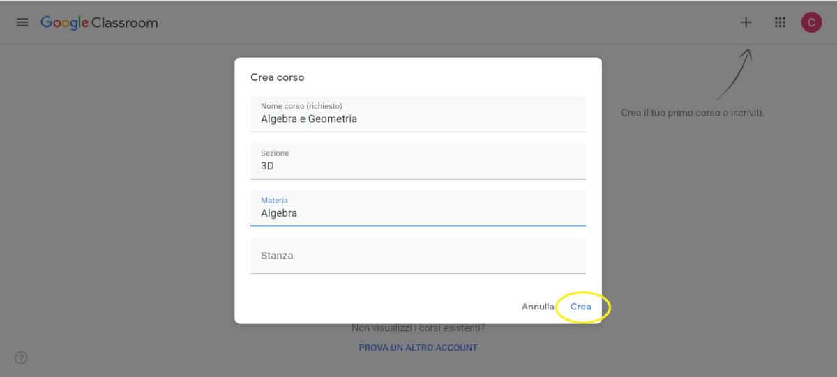 come usare Google Classroom creazione di un corso nome e materia