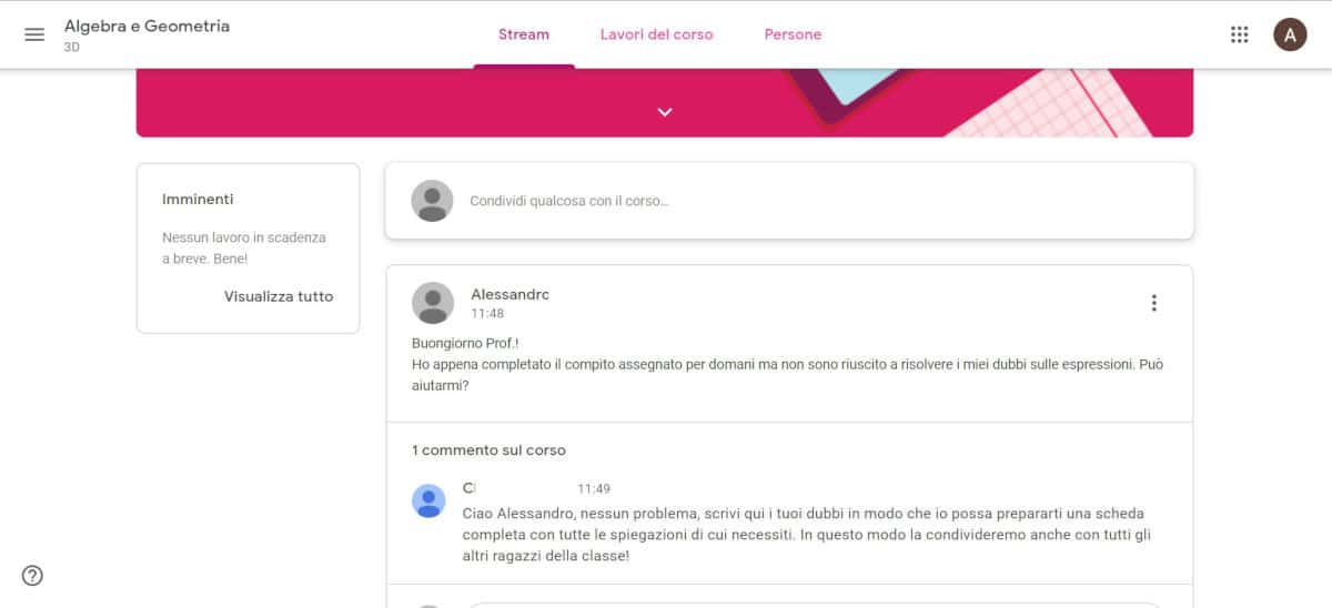 come usare Google Classroom esempio comunicazione tra studente e docente