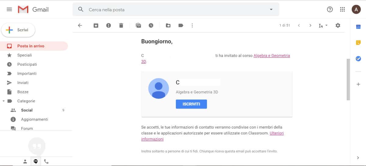 come usare Google Classroom esempio di email invito al corso