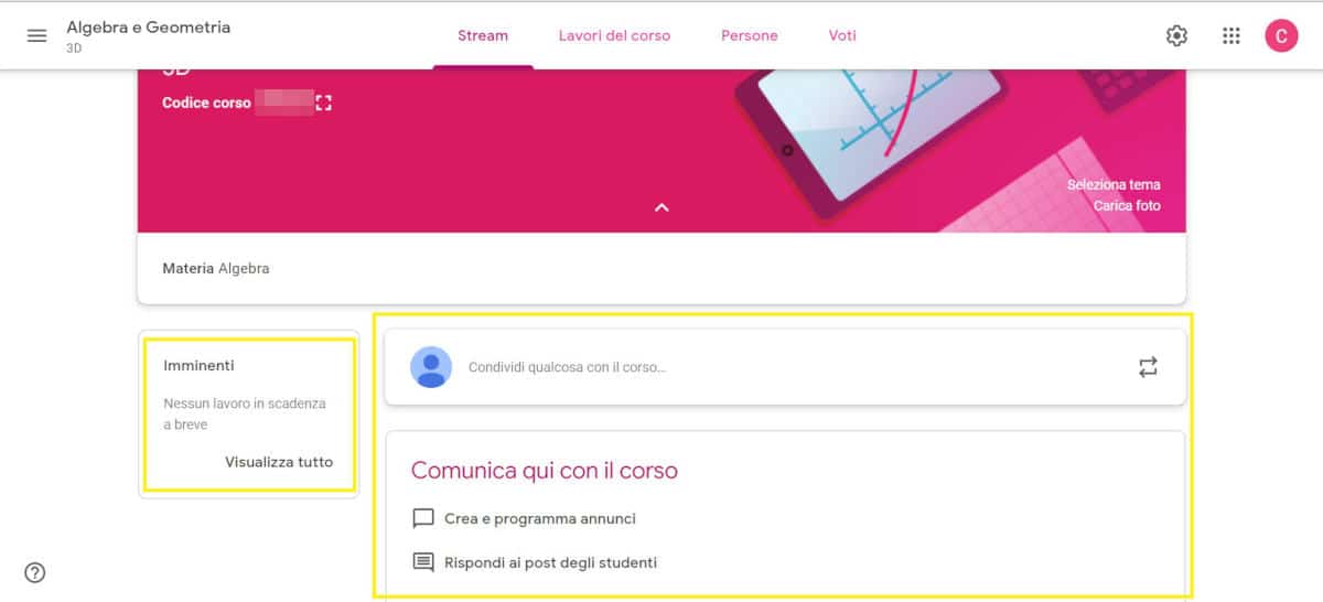 come usare Google Classroom eventi e comunicazioni del corso