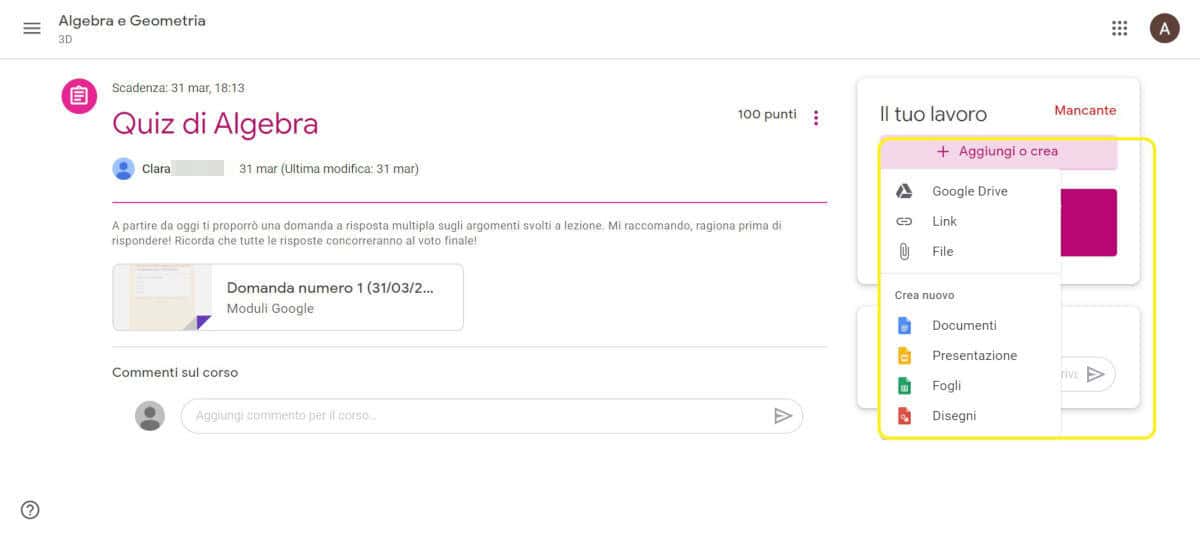 come usare Google Classroom integrazione di un compito
