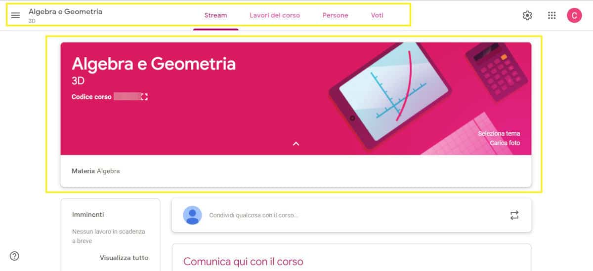 come usare Google Classroom menu di navigazione corso