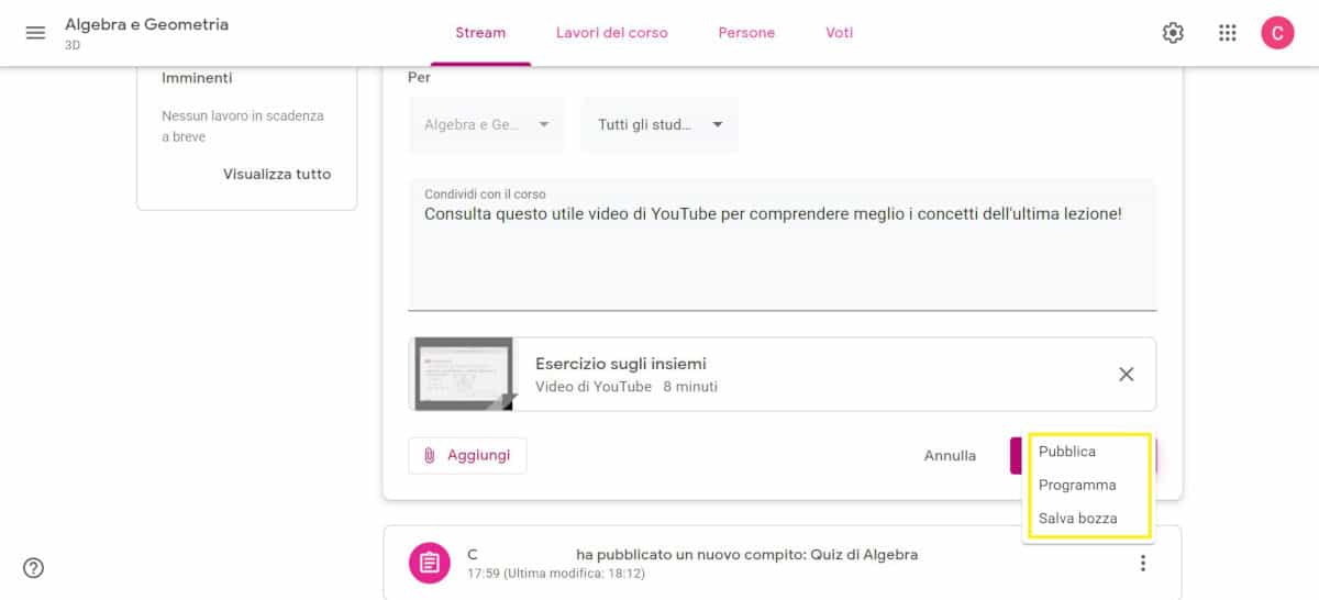 come usare Google Classroom programmazione e pubblicazione comunicazioni