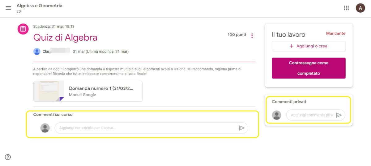 come usare Google Classroom sezione Commenti