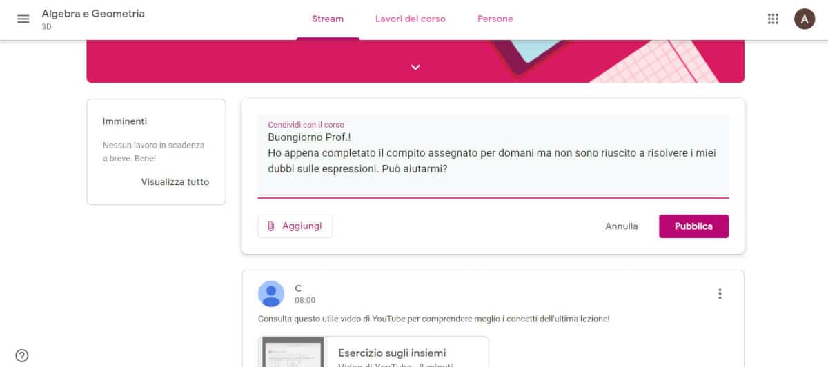 come usare Google Classroom sezione Condividi con il corso